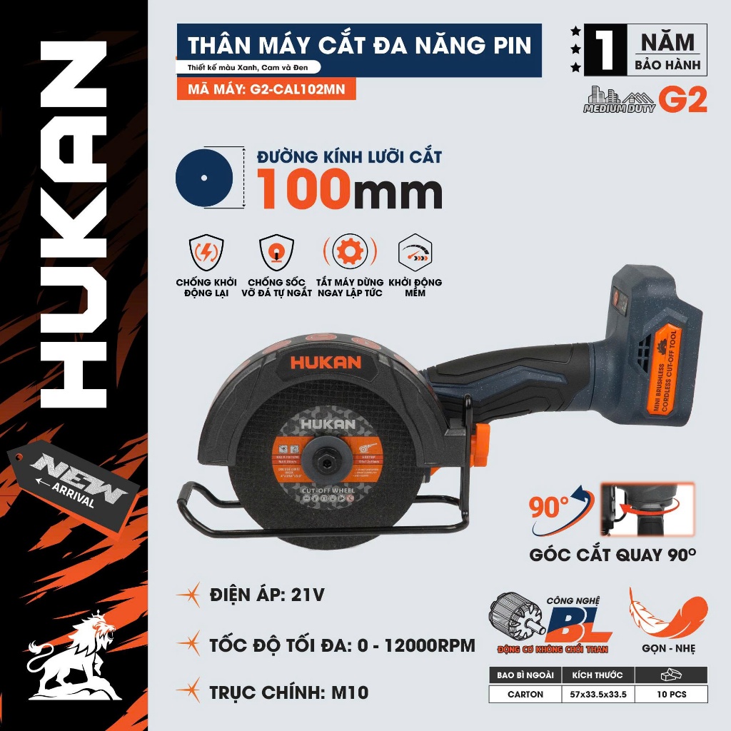Thân Máy Cắt Mài Pin Mini HUKAN G2-CAL102MN |21V- Động Cơ Không Chổi Than| Trục Chính M10 | Nhỏ Gọn, Mạnh Mẽ| CHÍNH HÃNG