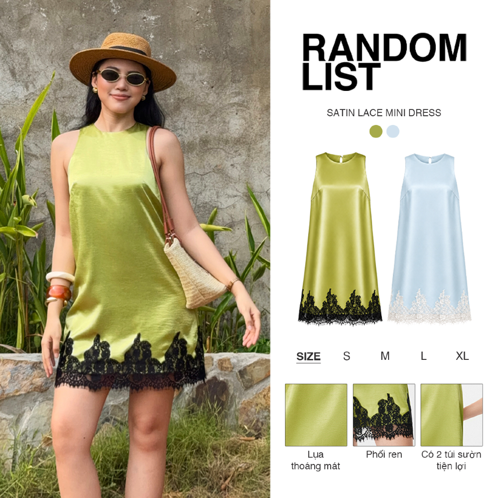RANDOMLIST - Đầm lụa satin suông dáng ngắn chữ A phối ren thanh lịch - Satin Lace Mini Dress