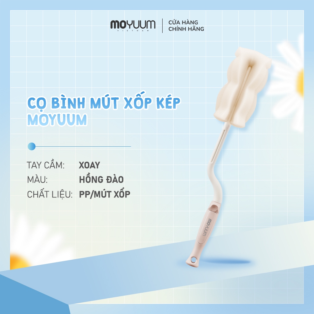 MỚI - Cọ bình mút xốp kép Moyuum - Tay cầm xoay - Màu Trắng/Hồng