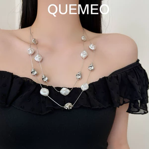 Vòng Cổ Hạt Kim Loại Ngọc Trai Không Đều Bạc Thiết Kế Giọt Nước Ngẫu Nhiên Thanh Lịch Có thể Quấn Nhiều Lớp