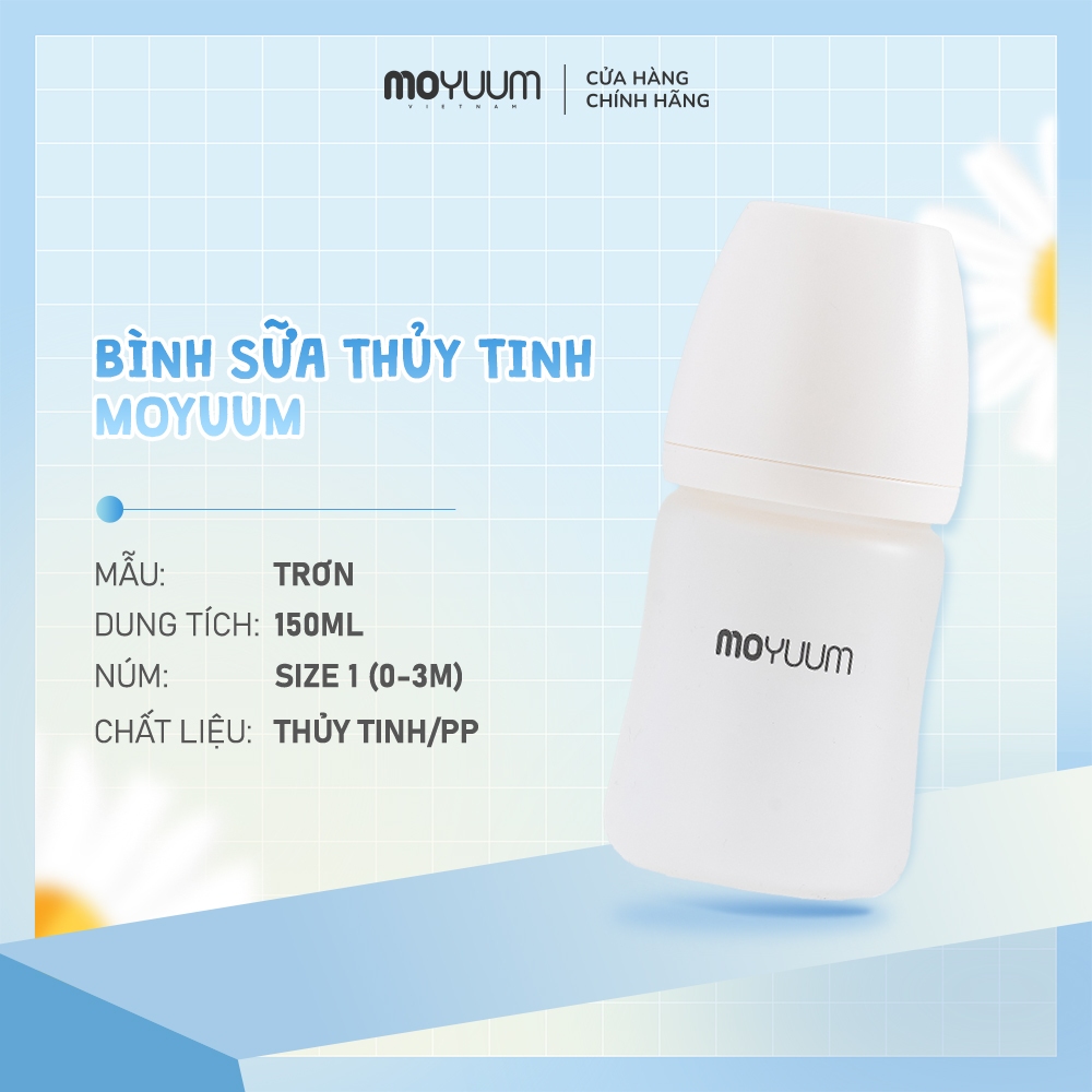 Bình sữa Thủy tinh tráng silicon Moyuum - Mẫu trơn - 150ml - Kèm núm 1