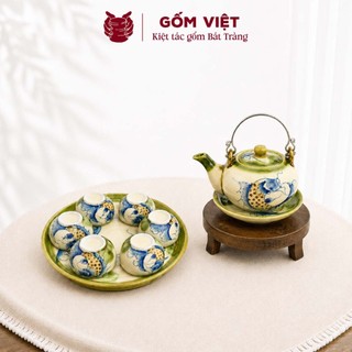 Bộ ấm chén vẽ tay kèm khay dung tích 360ml dáng giỏ cua nhiều họa tiết - Gốm sứ Bát Tràng - Gốm Việt