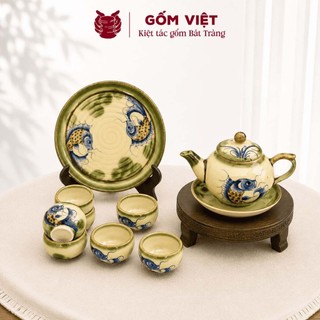 Bộ ấm chén vẽ tay kèm khay dung tích 360ml dáng giỏ cua nhiều họa tiết - Gốm sứ Bát Tràng - Gốm Việt