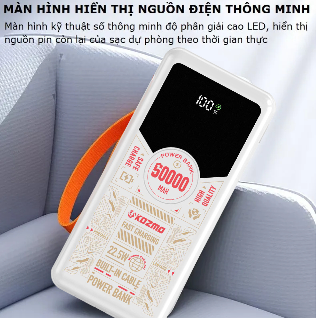 Sạc Dự Phòng KOZMO 50000mAh KM05 Sạc Nhanh 22.5W Kèm 3 Cáp Sạc Có Đèn LED ,Quai Xách Cực Tiện Lợi