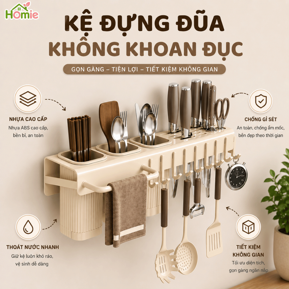 Kệ Để Đũa Dao, Kệ Nhà Bếp Cài Dao Kéo Đa Năng HOMIE, Kệ Chất Liệu Thép Carbon Treo Tường Không Khoan
