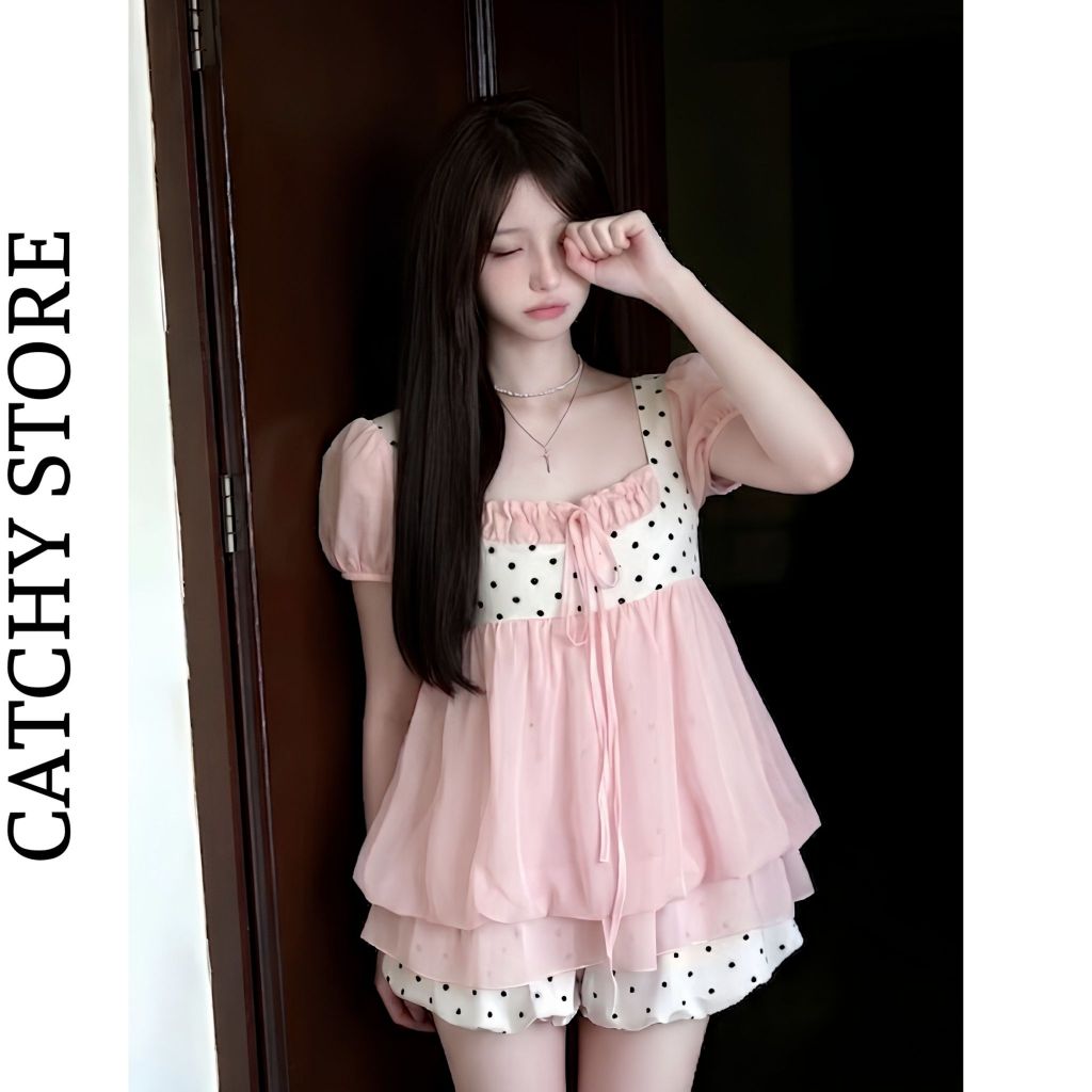 Set bộ nữ 2 dây cổ vuông chấm bi dáng babydoll kèm quần bí phong cách tiểu thư đi chơi CATCHYstore