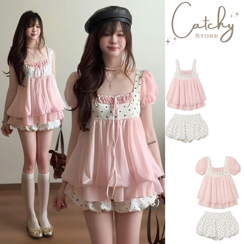 Set bộ nữ 2 dây cổ vuông chấm bi dáng babydoll kèm quần bí phong cách tiểu thư đi chơi CATCHYstore