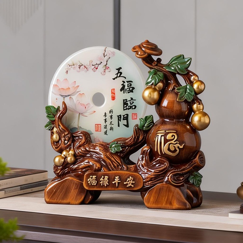 Tượng hồ lô nâu gỗ ngọc bội sen tài lộc decor nhà cửa
