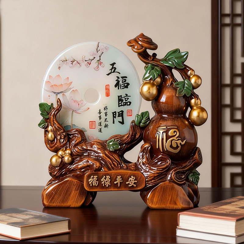 Tượng hồ lô nâu gỗ ngọc bội sen tài lộc decor nhà cửa