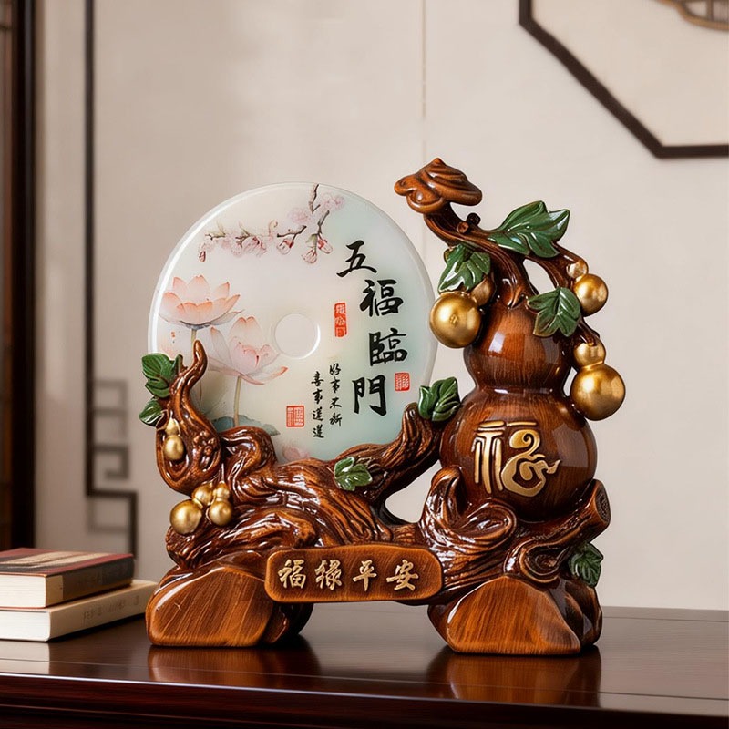 Tượng hồ lô nâu gỗ ngọc bội sen tài lộc decor nhà cửa