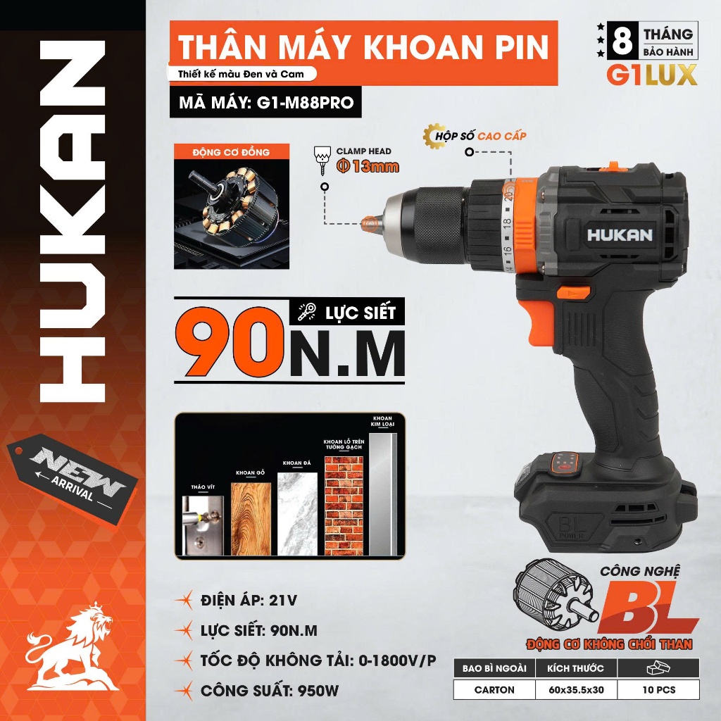 Máy Khoan Pin HUKAN G1-M88PRO 13mm | Khoan 21V | Lực Siết 90N.m | Công Suất 950W | Động Cơ Không Chổi Than |  BH 8 Tháng