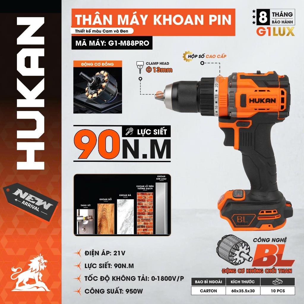 Máy Khoan Pin HUKAN G1-M88PRO 13mm | Khoan 21V | Lực Siết 90N.m | Công Suất 950W | Động Cơ Không Chổi Than |  BH 8 Tháng