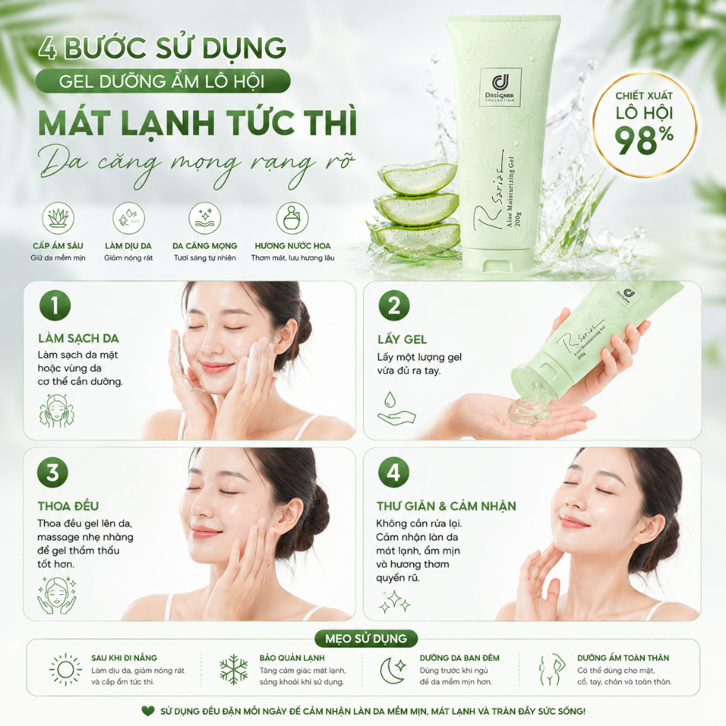 Gel lô hội Rsarias 99% – Làm mát tức thì, dưỡng ẩm sâu, hương thơm cao cấp, giúp làn da căng mọng và ẩm mượt suốt cảngày