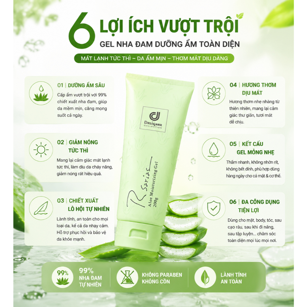 Gel lô hội Rsarias 99% – Làm mát tức thì, dưỡng ẩm sâu, hương thơm cao cấp, giúp làn da căng mọng và ẩm mượt suốt cảngày