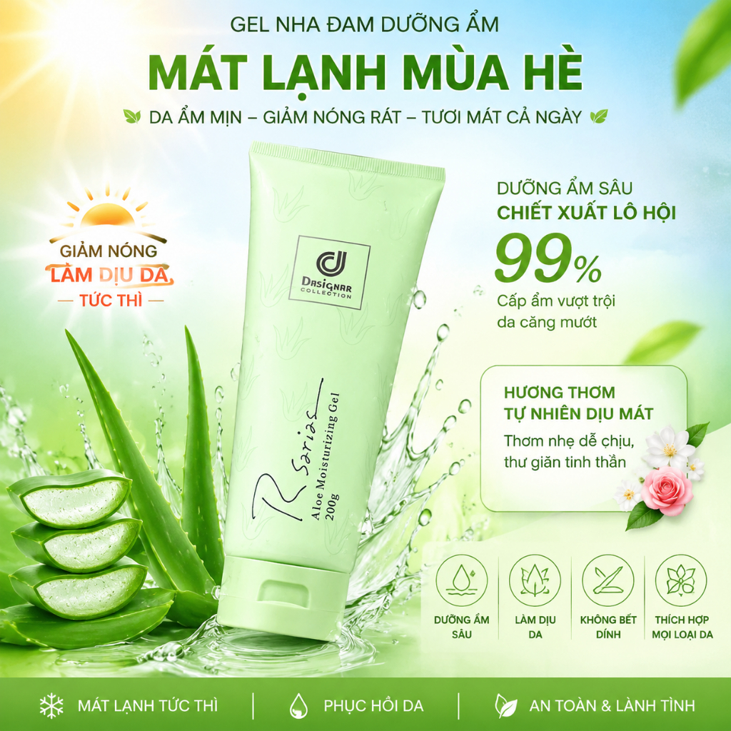 Gel lô hội Rsarias 99% – Làm mát tức thì, dưỡng ẩm sâu, hương thơm cao cấp, giúp làn da căng mọng và ẩm mượt suốt cảngày