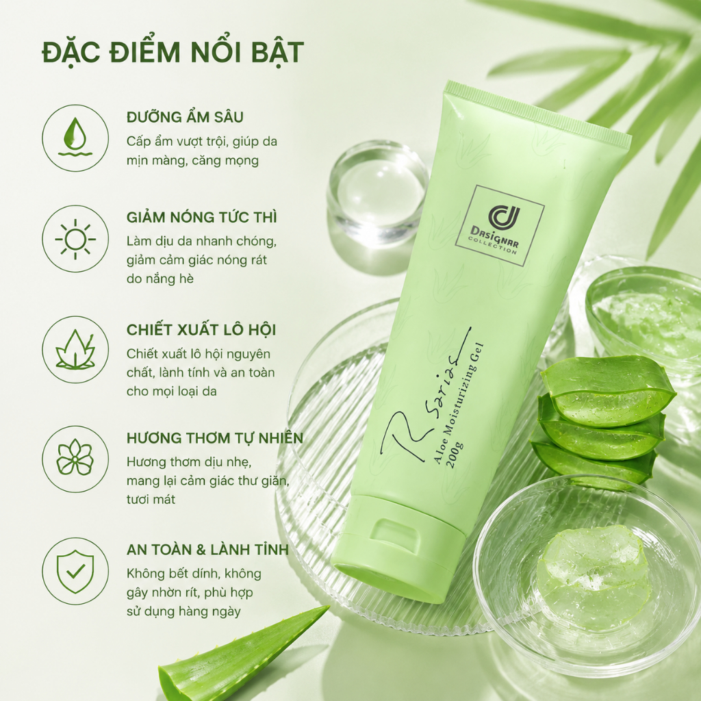 Gel lô hội Rsarias 99% – Làm mát tức thì, dưỡng ẩm sâu, hương thơm cao cấp, giúp làn da căng mọng và ẩm mượt suốt cảngày