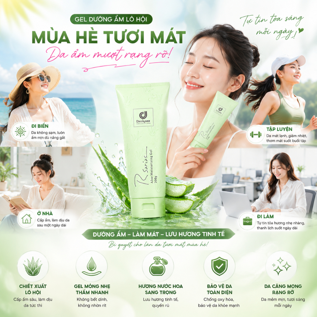 Gel lô hội Rsarias 99% – Làm mát tức thì, dưỡng ẩm sâu, hương thơm cao cấp, giúp làn da căng mọng và ẩm mượt suốt cảngày