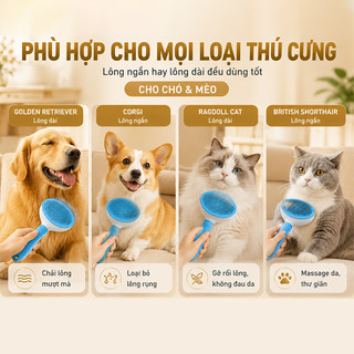 Lược chải lông chó mèo Loại Bỏ Lông Rụng Hiệu Quả, Đầu Kim Tròn Massage Êm Ái Cho Chó Mèo