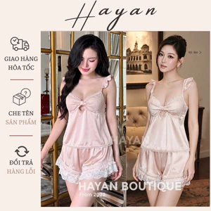 HT174 Bộ ngủ sexy 2s cánh tiên xoán nơ sang chảnh,đồ ngủ lụa croptop hách dáng quyến rũ HT174