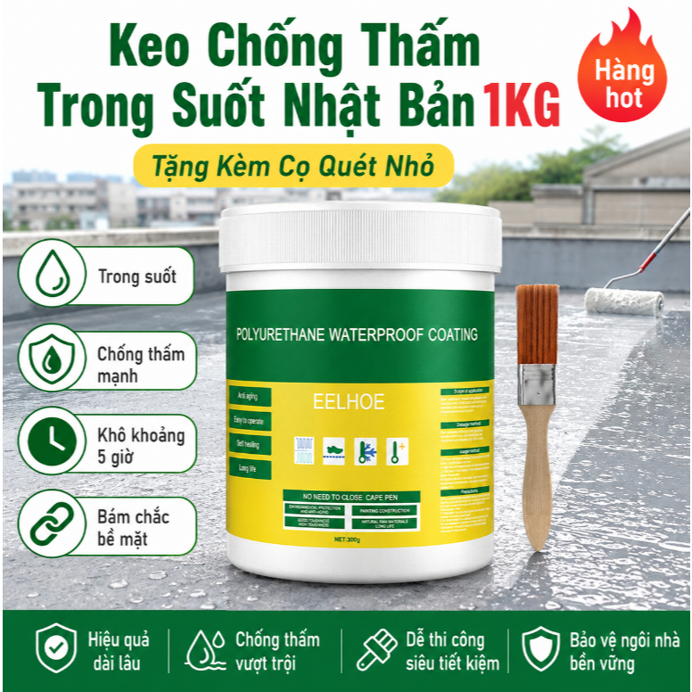Keo Chống Thấm Trong Suốt Nhật Bản 1KG Tặng Cọ Chống Dột Mái Nhà Sân Thượng Nhà Tắm Hiệu Quả Sau 1 Lần Dùng