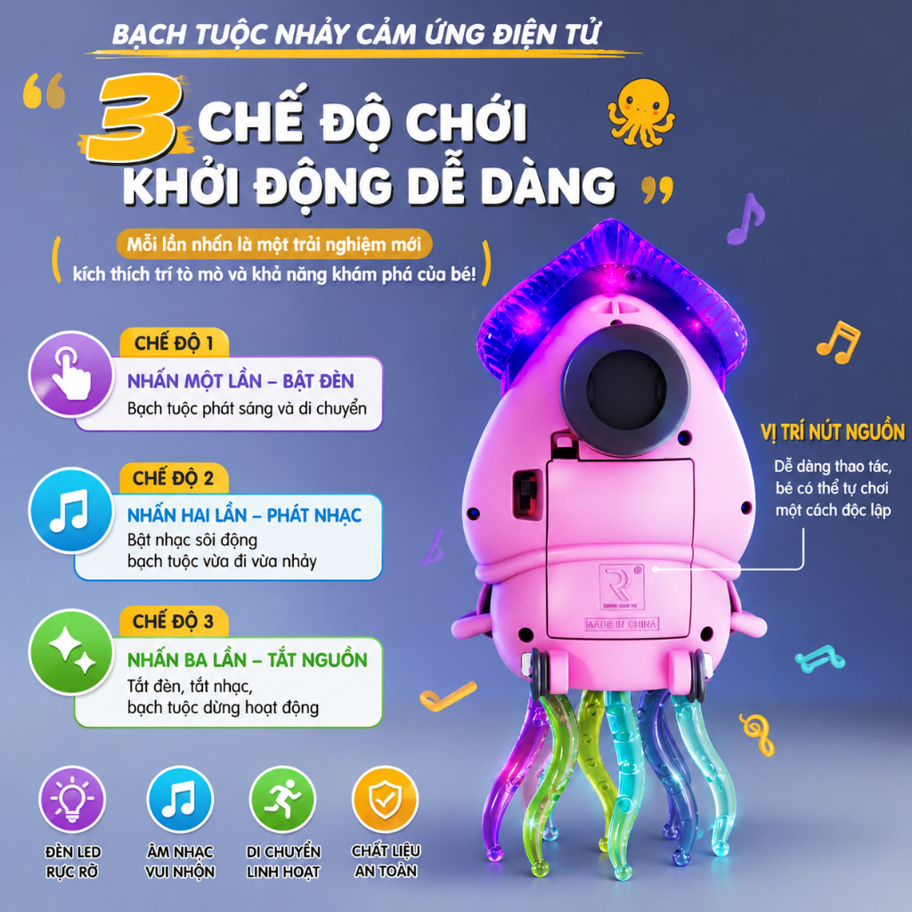 Đồ Chơi Bạch Tuộc Nhảy Múa Ú Òa Có Nhạc Và Đèn LED, Bạch Tuộc Điện Tự Di Chuyển Phát Sáng Cho Bé