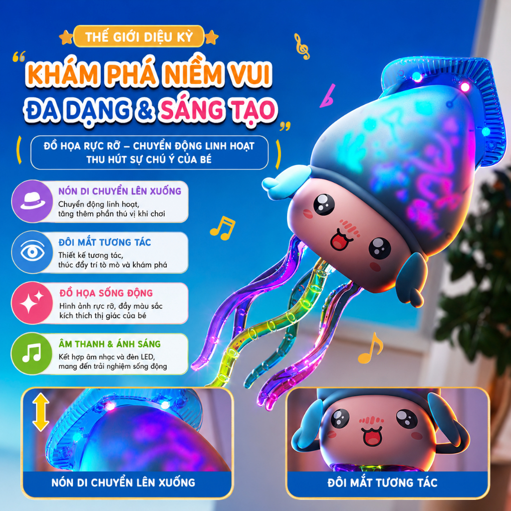 Đồ Chơi Bạch Tuộc Nhảy Múa Ú Òa Có Nhạc Và Đèn LED, Bạch Tuộc Điện Tự Di Chuyển Phát Sáng Cho Bé