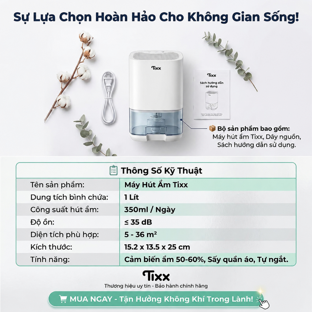 Tixx Máy hút ẩm 350ml/ngày thiết bị gia đình văn phòng tiết kiệm điện