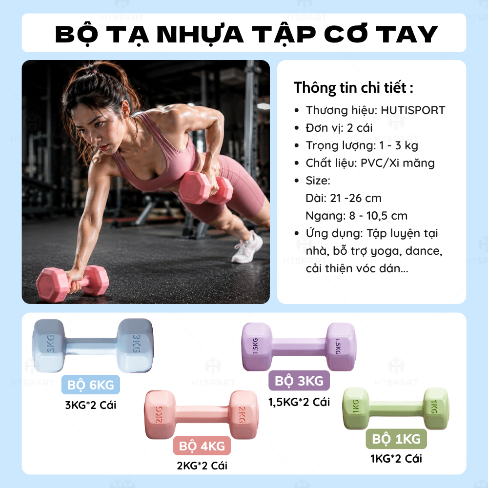 Bộ 2 Tạ Bọc Nhựa Cầm Tay 1kg - 6kg, Cặp Tạ Tập Gym Cao Cấp Dụng Cụ Thể Dục Kháng Lực Nam Nữ Tại Nhà