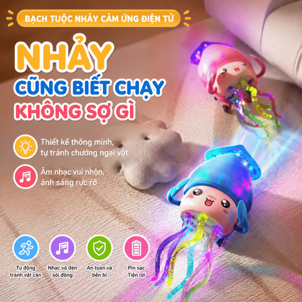 Đồ Chơi Bạch Tuộc Nhảy Múa Ú Òa Có Nhạc Và Đèn LED, Bạch Tuộc Điện Tự Di Chuyển Phát Sáng Cho Bé