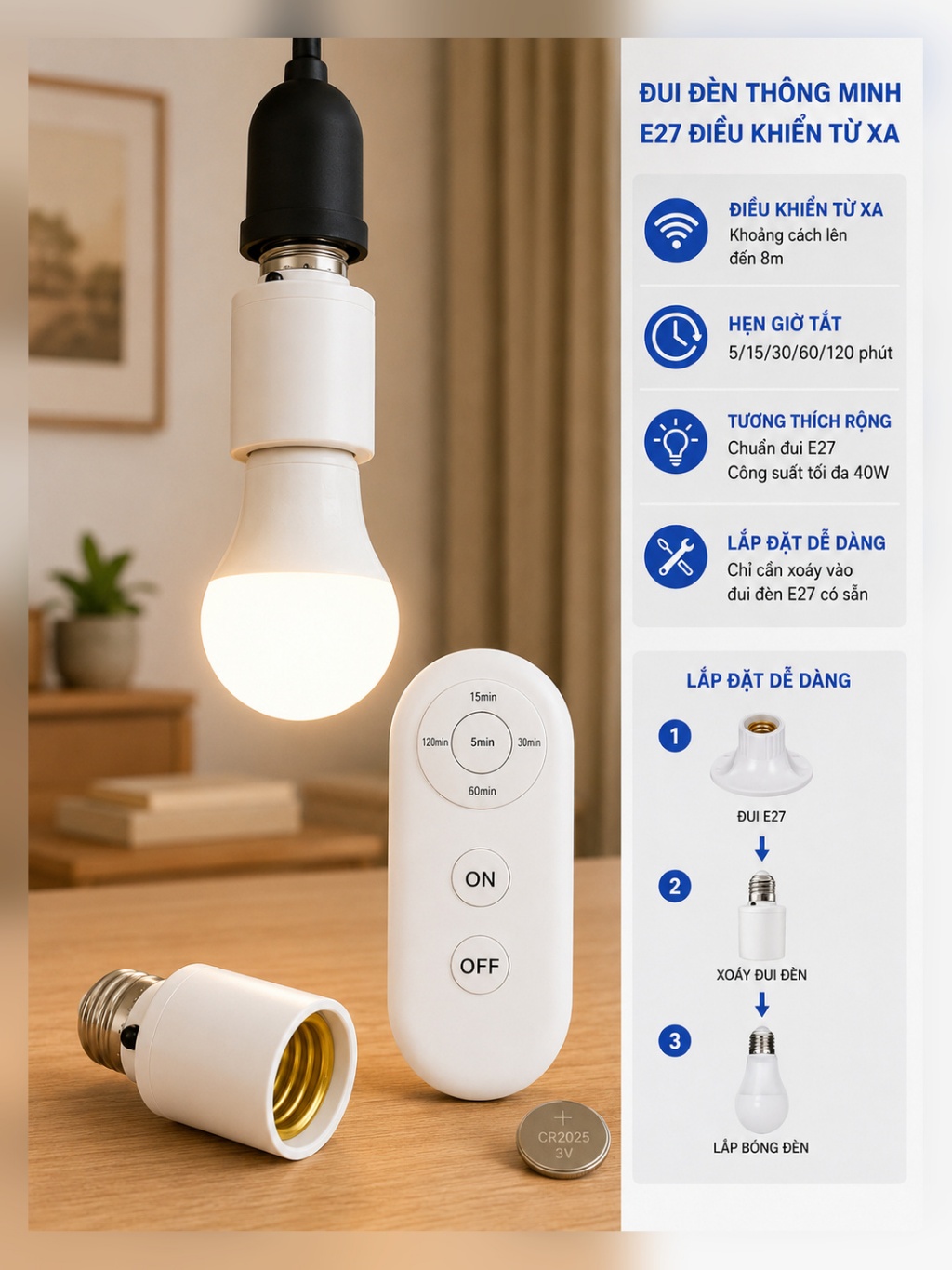 Đui Đèn Thông Minh E27 – Điều Khiển Từ Xa, Hẹn Giờ Tắt Đèn, Kèm Remote Có Pin K64 - ảnh 4