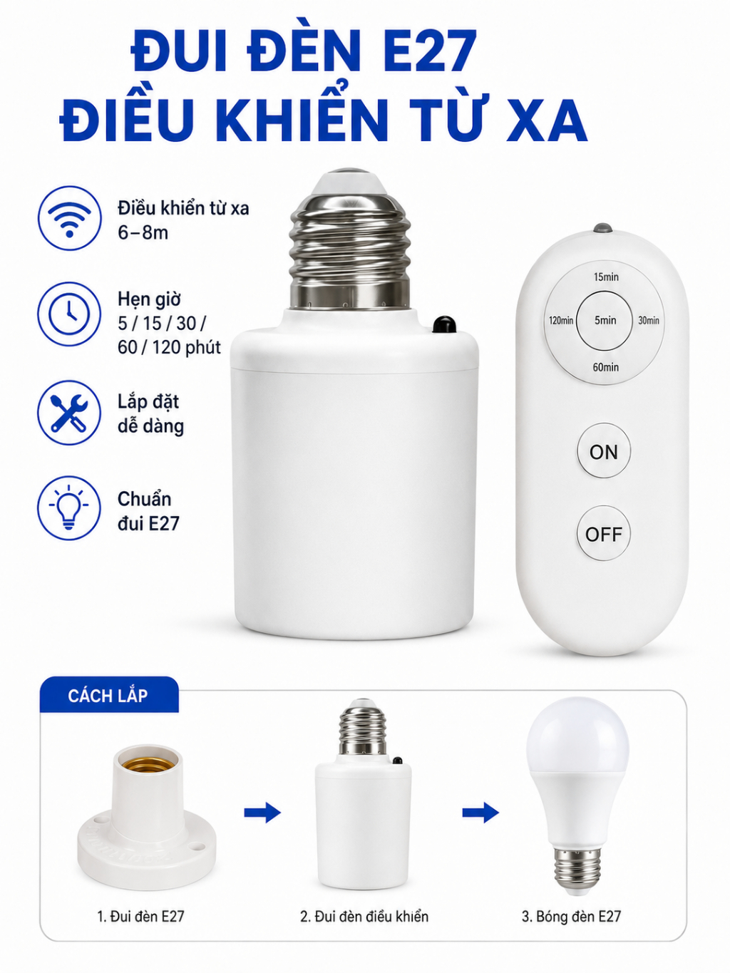 Đui Đèn Thông Minh E27 – Điều Khiển Từ Xa, Hẹn Giờ Tắt Đèn, Kèm Remote Có Pin K64 - ảnh 8