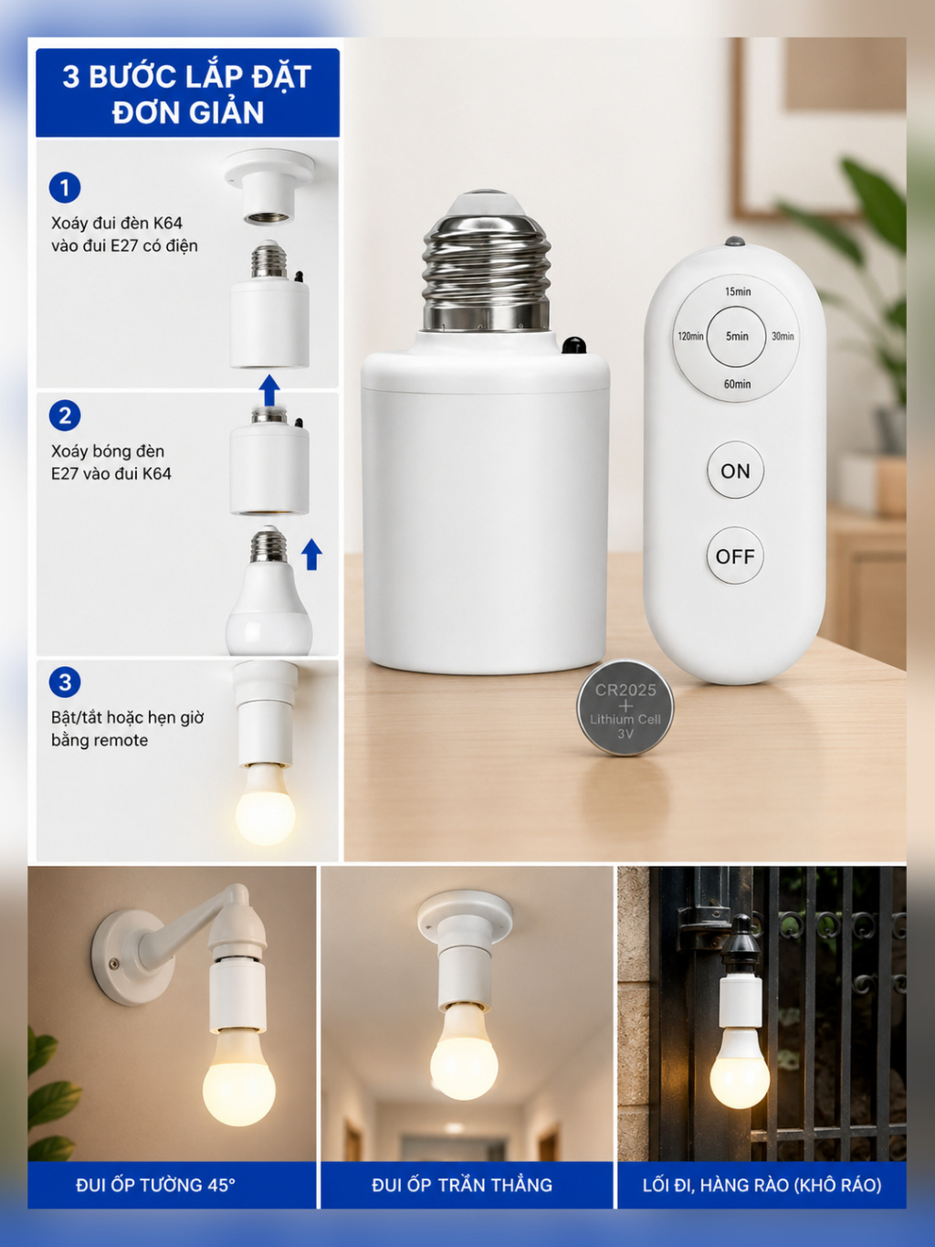Đui Đèn Thông Minh E27 – Điều Khiển Từ Xa, Hẹn Giờ Tắt Đèn, Kèm Remote Có Pin K64 - ảnh 5