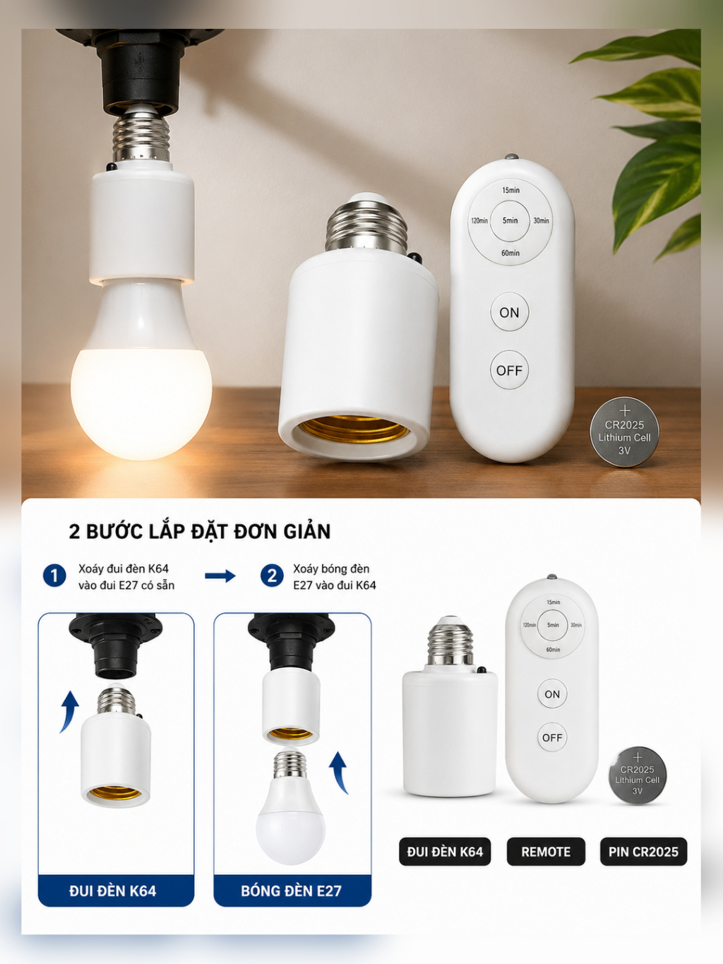 Đui Đèn Thông Minh E27 – Điều Khiển Từ Xa, Hẹn Giờ Tắt Đèn, Kèm Remote Có Pin K64 - ảnh 6