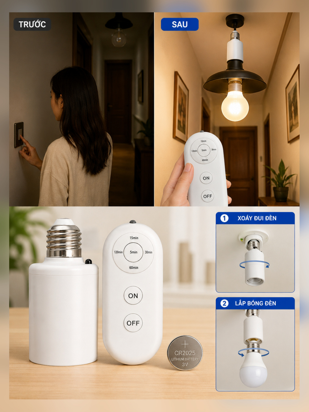 Đui Đèn Thông Minh E27 – Điều Khiển Từ Xa, Hẹn Giờ Tắt Đèn, Kèm Remote Có Pin K64 - ảnh 7