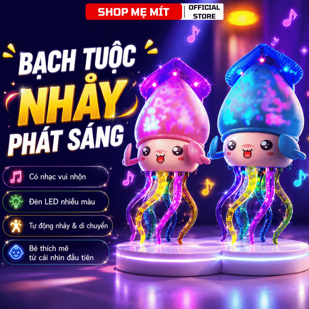 Đồ Chơi Bạch Tuộc Nhảy Múa Ú Òa Có Nhạc Và Đèn LED, Bạch Tuộc Điện Tự Di Chuyển Phát Sáng Cho Bé