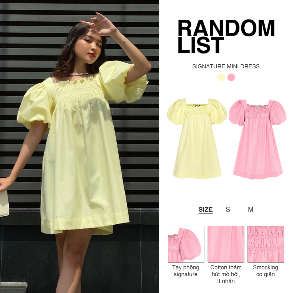 RANDOMLIST - Đầm babydoll tay phồng dáng suông nhún ngực nữ tính - Signature Mini Dress