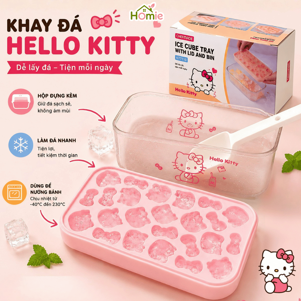 Khay Làm Đá Hello Kitty 24 Ô Có Hộp Đựng HOMIE, Khuôn Làm Thạch Pudding, Kẹo Dẻo Silicone An Toàn