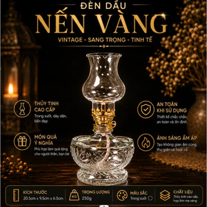 Đèn Dầu Thủy Tinh Nến Vàng Cổ Phong Cao Cấp - Đế Chạm Khắc Tinh Xảo, Phong Cách Vintage Trang Trí Bàn Thờ, Không Gian Tr