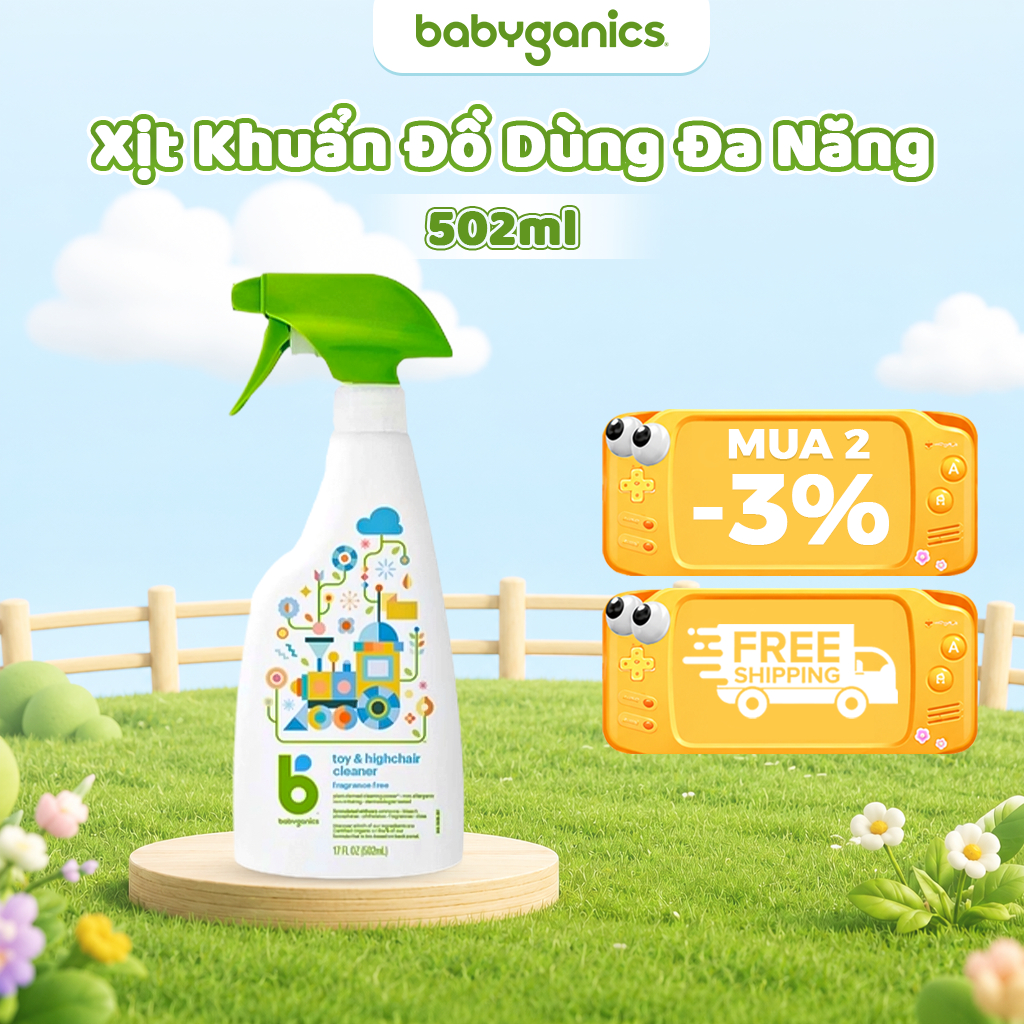 Chai xịt vệ sinh đồ chơi & bề mặt đa năng Organic đa năng Babyganics Toy + Highchair Cleaner, thuần chay  (502ml)