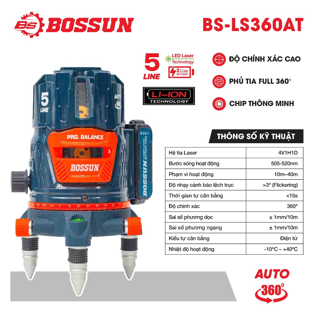 [TẶNG PHỤ KIỆN] Máy cân bằng laser 5 tia xanh Bossun BS-LS360AT - Máy bắn cốt laser tự cân bằng điện tử phủ tia full 360