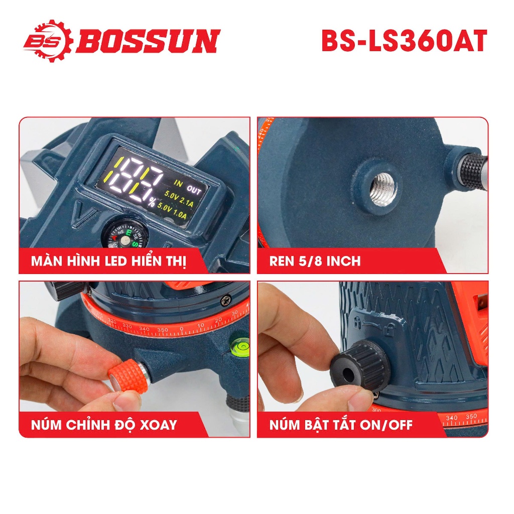 [TẶNG PHỤ KIỆN] Máy cân bằng laser 5 tia xanh Bossun BS-LS360AT - Máy bắn cốt laser tự cân bằng điện tử phủ tia full 360