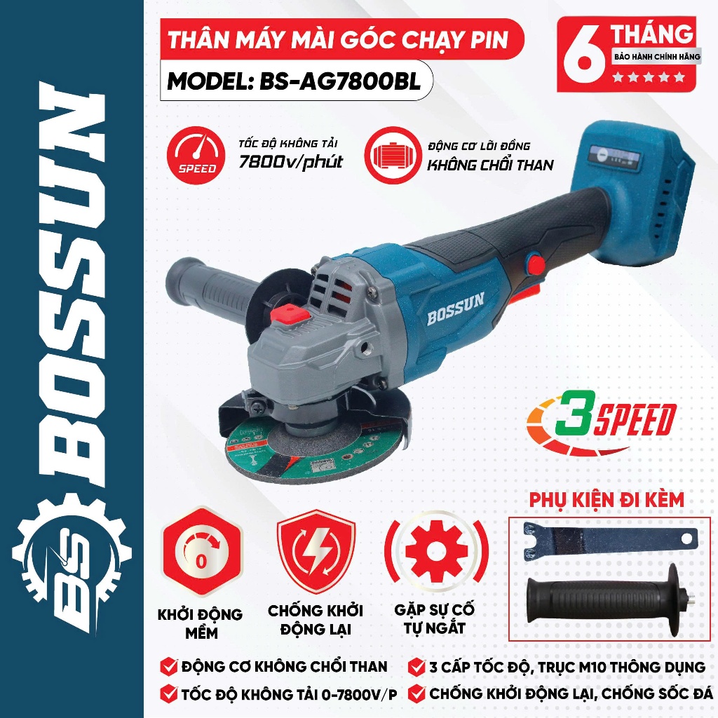 Thân Máy Mài Góc Chạy Pin BOSSUN BS-AG7800BL Không Chổi Than – 3 Cấp Tốc Độ – Trục M10 – 7800v/p