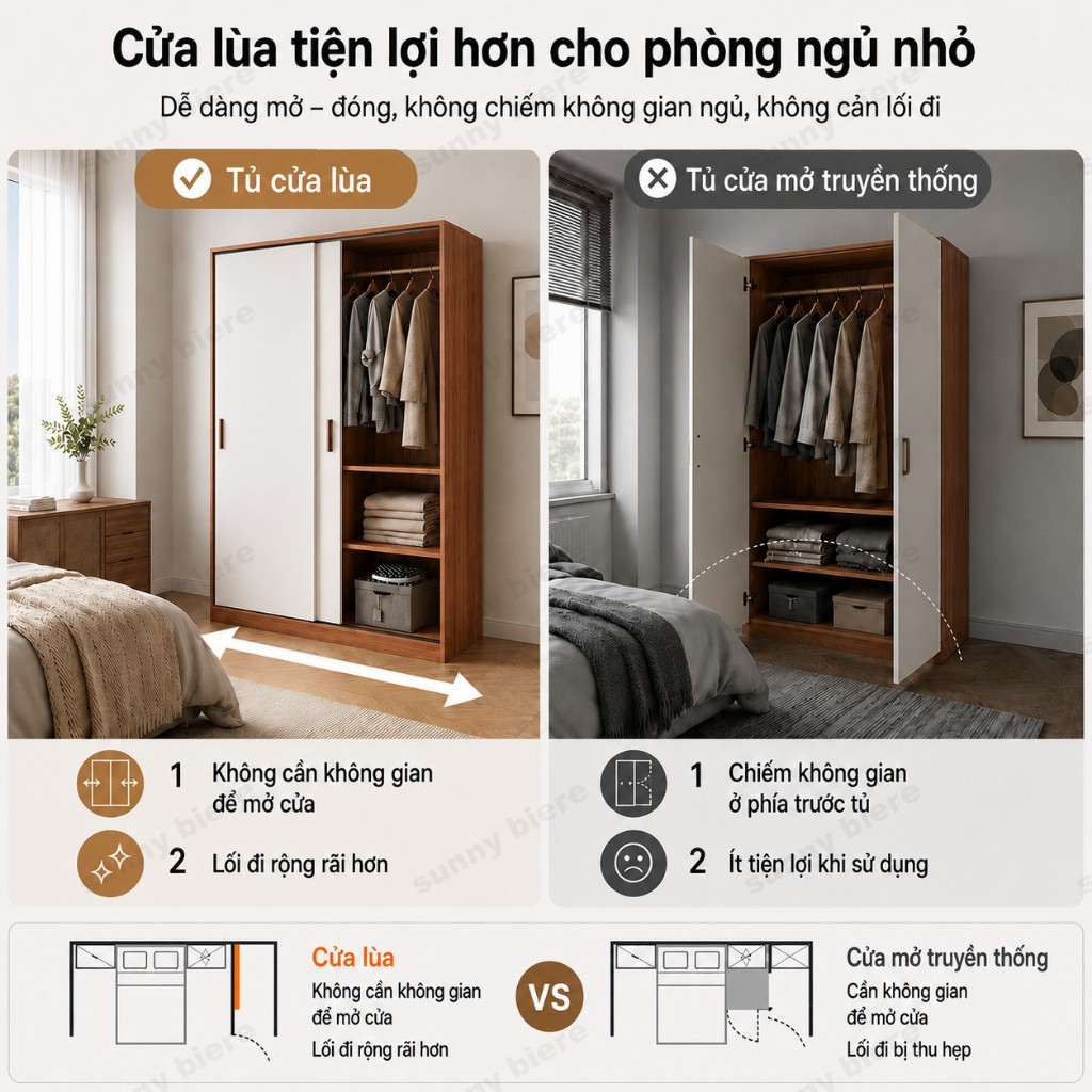 Tủ quần áo cửa lùa màu óc chó Thiết kế cỡ lớn Nhiều ngăn treo xếp Hợp phòng ngủ nhỏ 𝙎𝙐𝙉𝙉𝙔 𝘽𝙄𝙀𝙍𝙀