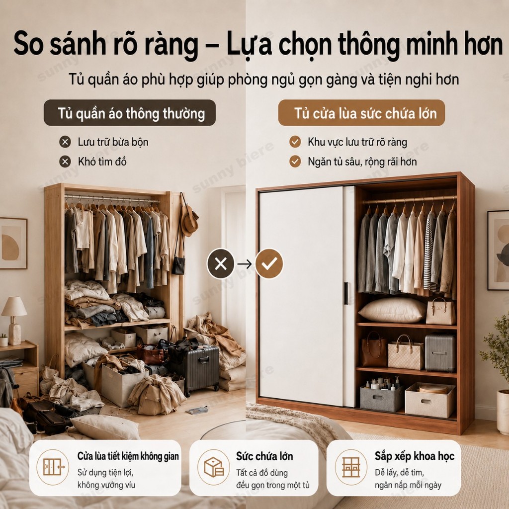 Tủ quần áo cửa lùa màu óc chó Thiết kế cỡ lớn Nhiều ngăn treo xếp Hợp phòng ngủ nhỏ 𝙎𝙐𝙉𝙉𝙔 𝘽𝙄𝙀𝙍𝙀