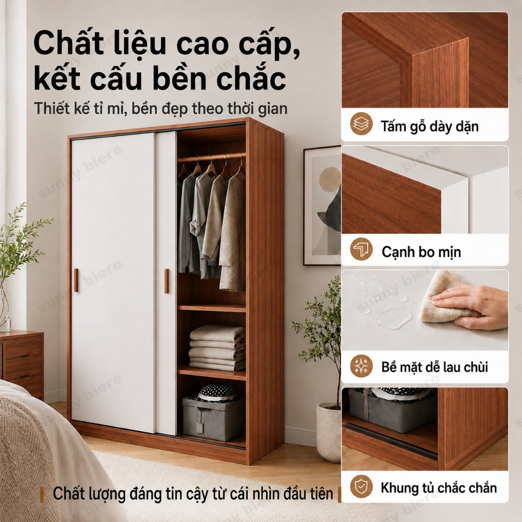 Tủ quần áo cửa lùa màu óc chó Thiết kế cỡ lớn Nhiều ngăn treo xếp Hợp phòng ngủ nhỏ 𝙎𝙐𝙉𝙉𝙔 𝘽𝙄𝙀𝙍𝙀
