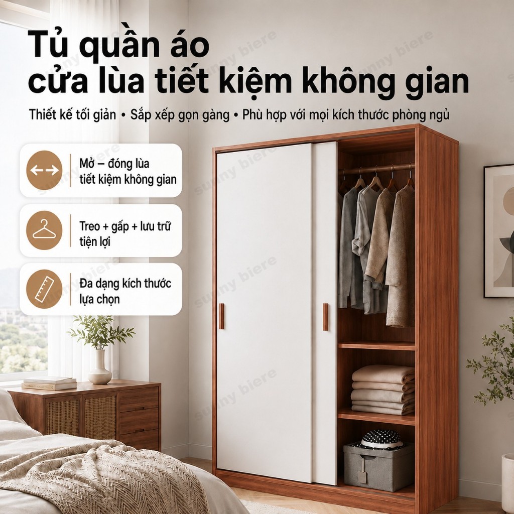 Tủ quần áo cửa lùa màu óc chó Thiết kế cỡ lớn Nhiều ngăn treo xếp Hợp phòng ngủ nhỏ 𝙎𝙐𝙉𝙉𝙔 𝘽𝙄𝙀𝙍𝙀