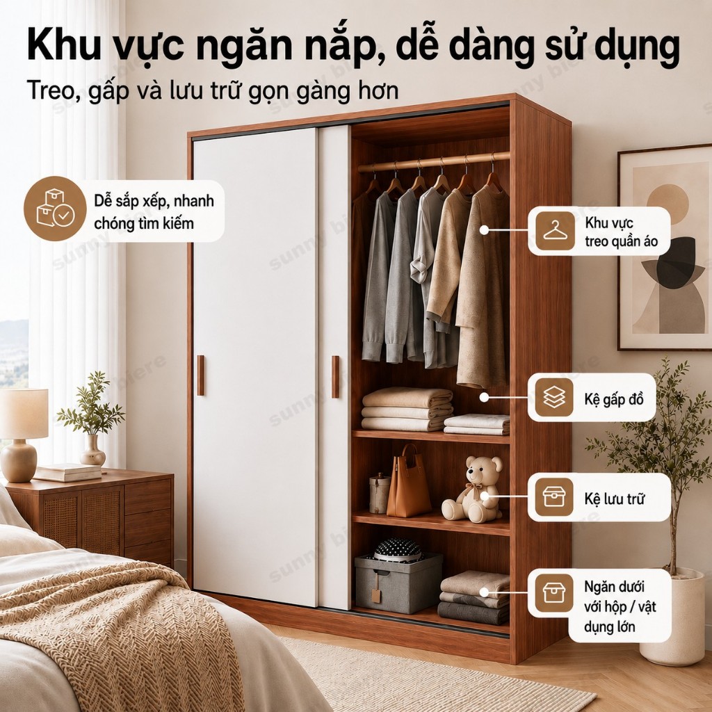 Tủ quần áo cửa lùa màu óc chó Thiết kế cỡ lớn Nhiều ngăn treo xếp Hợp phòng ngủ nhỏ 𝙎𝙐𝙉𝙉𝙔 𝘽𝙄𝙀𝙍𝙀