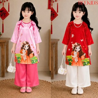 Áo Dài Tết 2026 Hàng Thiết Kế Cho Bé Gái, Áo Dài Bé Gái In Hình Cô Gái, Áo Dài Cách Tân Chất Lụa Gấm Đẹp DA05 - BEEKIDS