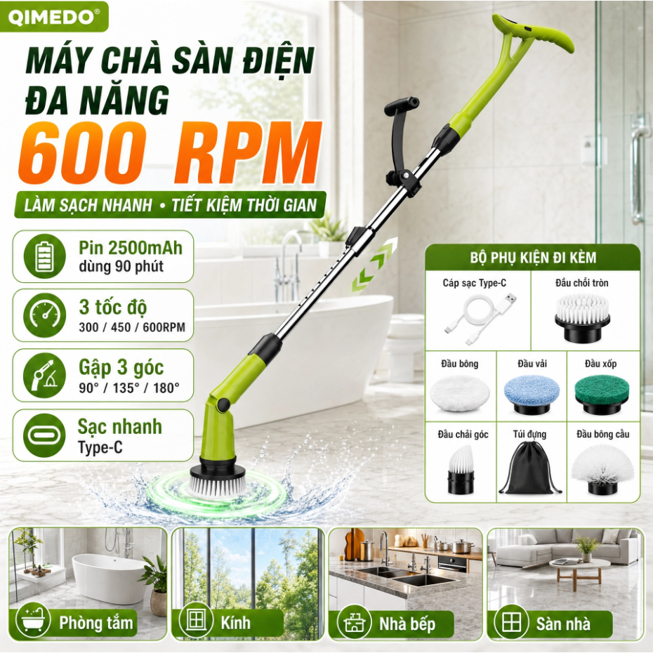 Qimedo Máy Chà Sàn Điện Không Dây 600RPM Pin 2500mAh 8 Đầu Chải Type-C Vệ Sinh Nhà Tắm Kính Sàn