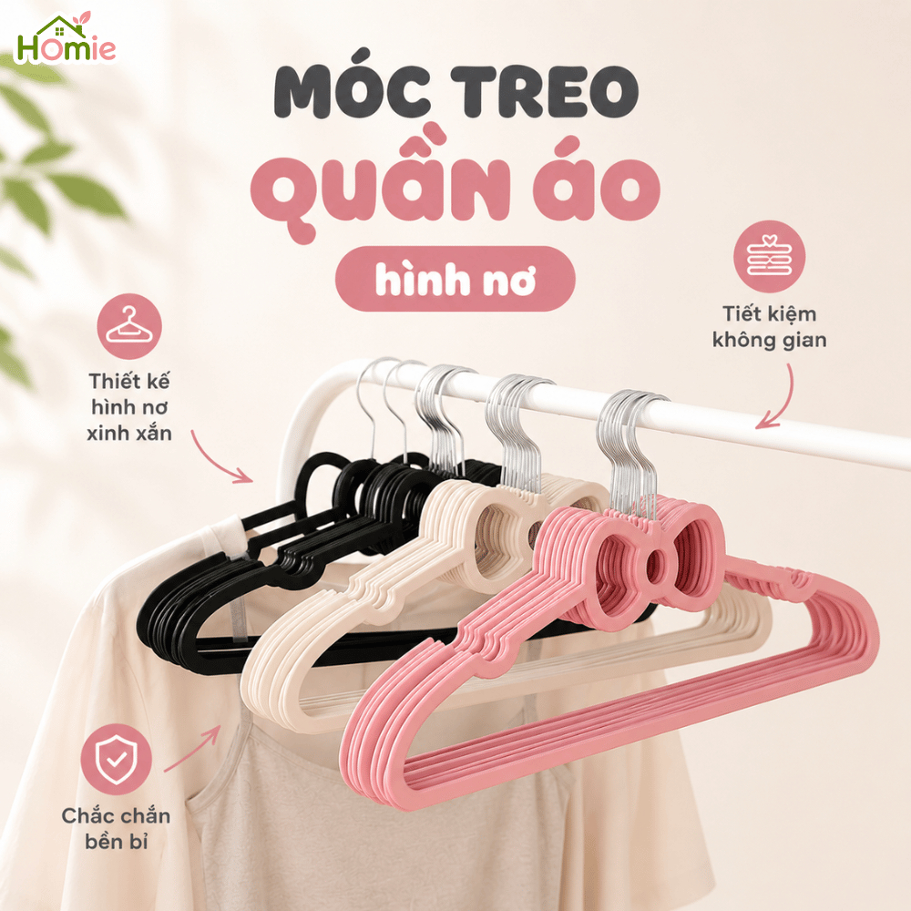 Móc Treo Quần Áo Hình Nơ Kitty Nhựa PP Dẻo Dai Có Rãnh Chống Trượt HOMIE, Mắc Áo Váy 2 Dễ Thương